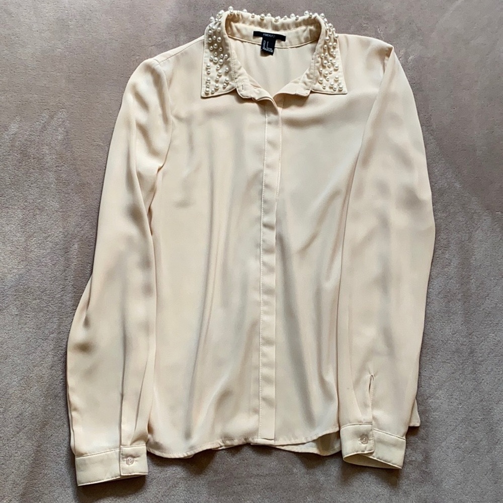 Forever 21 nude pearl button up blouse, size S